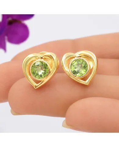 18K Gold Plated Peridot Heart Stud Earrings - Gemstone Jewelry for Her