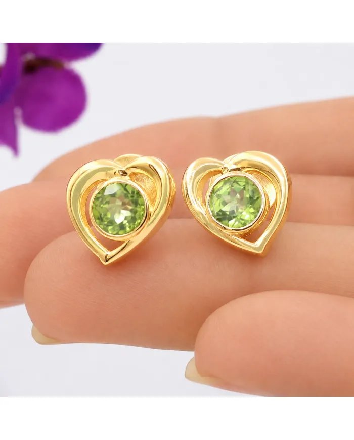 18K Gold Plated Peridot Heart Stud Earrings - Gemstone Jewelry for Her