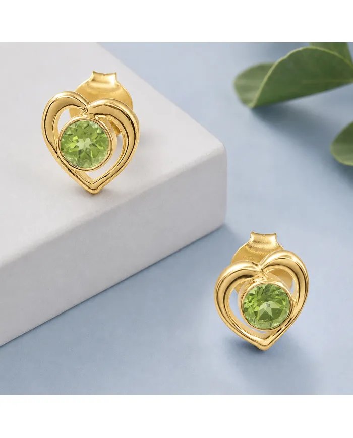 18K Gold Plated Peridot Heart Stud Earrings - Gemstone Jewelry for Her