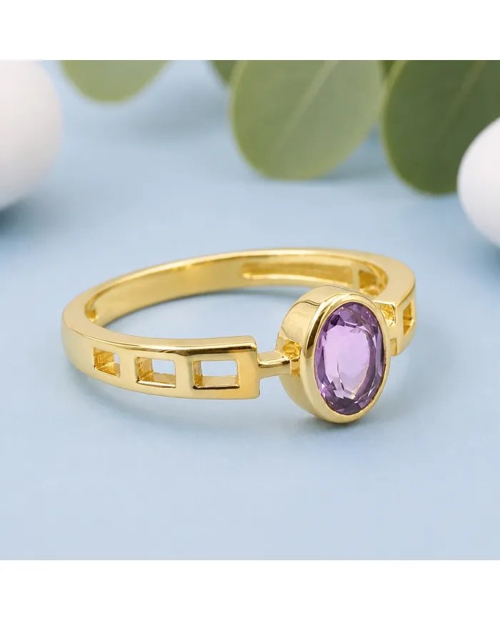 18K Gold Plated Amethyst Oval Cut Ring - Handmade Minimalist Band