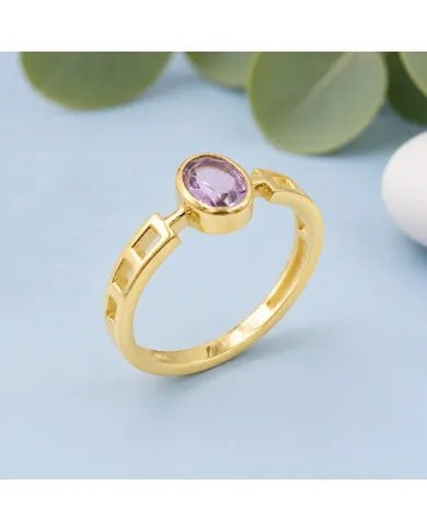 18K Gold Plated Amethyst Oval Cut Ring - Handmade Minimalist Band