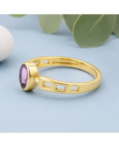 18K Gold Plated Amethyst Oval Cut Ring - Handmade Minimalist Band