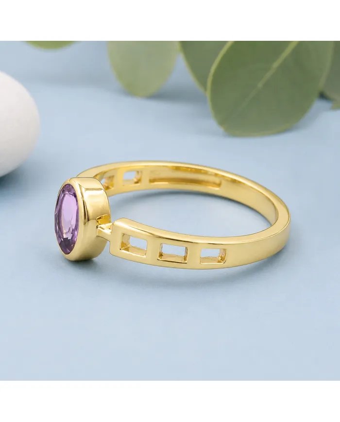 18K Gold Plated Amethyst Oval Cut Ring - Handmade Minimalist Band