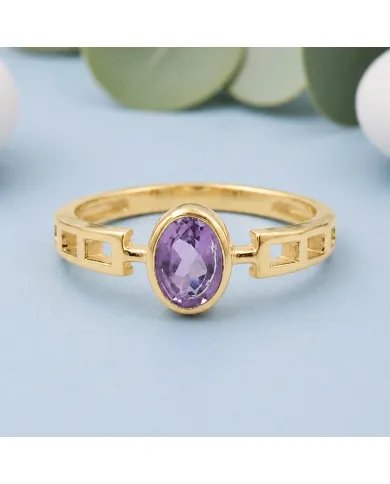 18K Gold Plated Amethyst Oval Cut Ring - Handmade Minimalist Band
