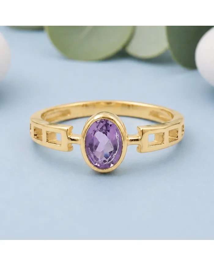 18K Gold Plated Amethyst Oval Cut Ring - Handmade Minimalist Band