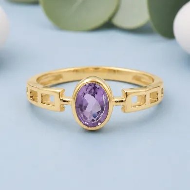 18K Gold Plated Amethyst Oval Cut Ring - Handmade Minimalist Band