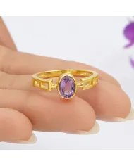 18K Gold Plated Amethyst Oval Cut Ring - Handmade Minimalist Band