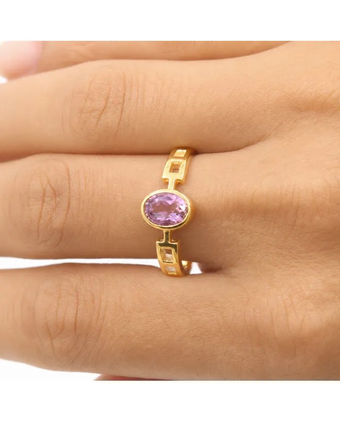 18K Gold Plated Amethyst Oval Cut Ring - Handmade Minimalist Band