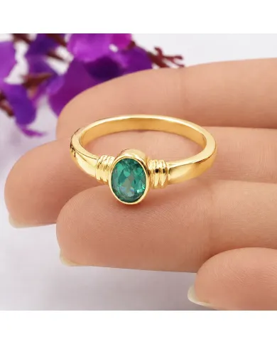 18K Gold Plated Emerald Solitaire Ring | Handmade Oval Shape Gemstone