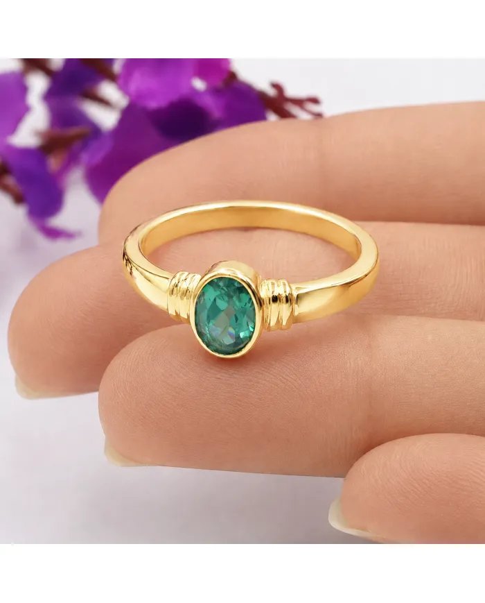 18K Gold Plated Emerald Solitaire Ring | Handmade Oval Shape Gemstone