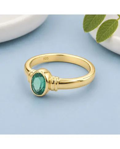 18K Gold Plated Emerald Solitaire Ring | Handmade Oval Shape Gemstone