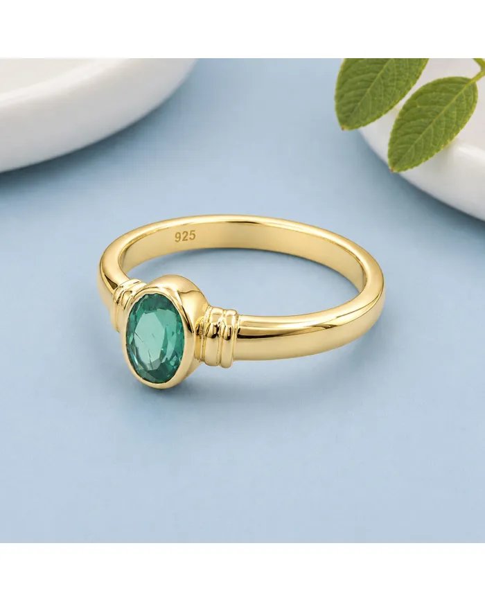 18K Gold Plated Emerald Solitaire Ring | Handmade Oval Shape Gemstone