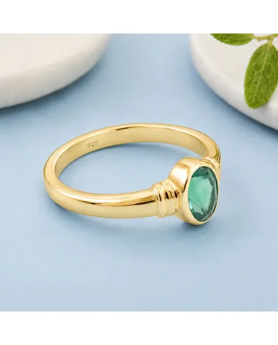 18K Gold Plated Emerald Solitaire Ring | Handmade Oval Shape Gemstone
