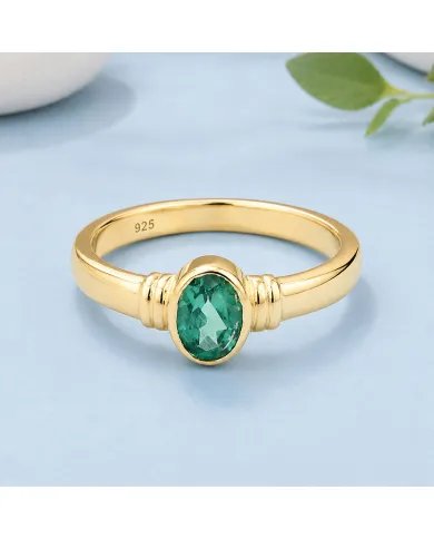 18K Gold Plated Emerald Solitaire Ring | Handmade Oval Shape Gemstone