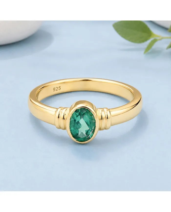18K Gold Plated Emerald Solitaire Ring | Handmade Oval Shape Gemstone