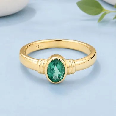 18K Gold Plated Emerald Solitaire Ring | Handmade Oval Shape Gemstone