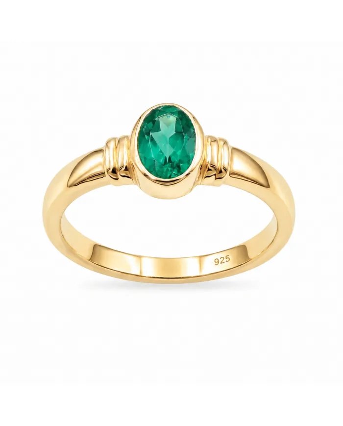 18K Gold Plated Emerald Solitaire Ring | Handmade Oval Shape Gemstone
