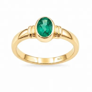 18K Gold Plated Emerald Solitaire Ring | Handmade Oval Shape Gemstone
