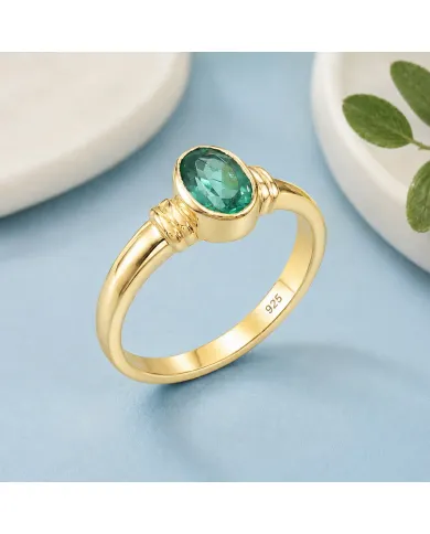 18K Gold Plated Emerald Solitaire Ring | Handmade Oval Shape Gemstone