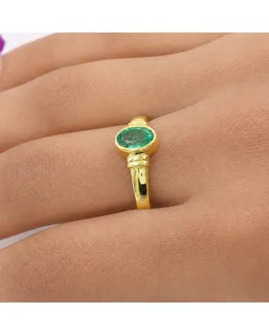 18K Gold Plated Emerald Solitaire Ring | Handmade Oval Shape Gemstone
