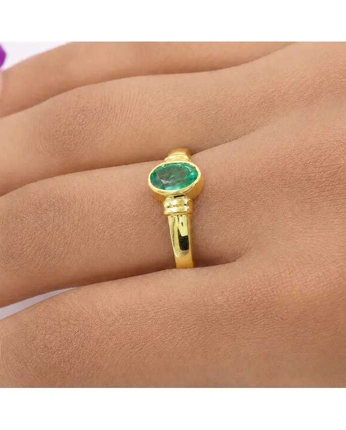 18K Gold Plated Emerald Solitaire Ring | Handmade Oval Shape Gemstone