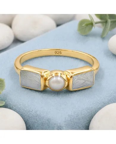 18K Gold Plated Meteorite and Pearl Ring | 925 Silver Handmade Jewelry