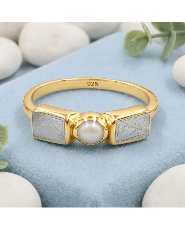 18K Gold Plated Meteorite and Pearl Ring | 925 Silver Handmade Jewelry