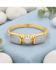 18K Gold Plated Meteorite and Pearl Ring | 925 Silver Handmade Jewelry