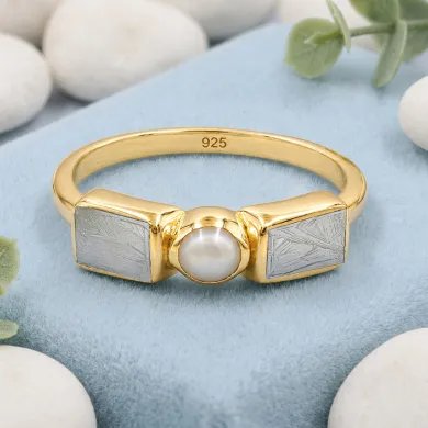 18K Gold Plated Meteorite and Pearl Ring | 925 Silver Handmade Jewelry