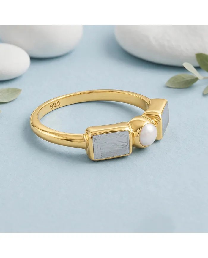 18K Gold Plated Meteorite and Pearl Ring | 925 Silver Handmade Jewelry