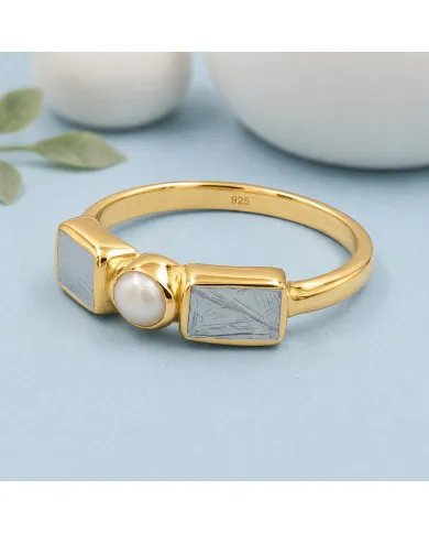 18K Gold Plated Meteorite and Pearl Ring | 925 Silver Handmade Jewelry