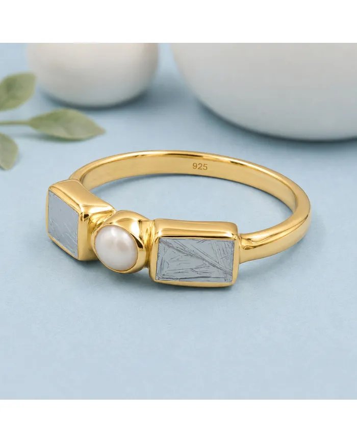 18K Gold Plated Meteorite and Pearl Ring | 925 Silver Handmade Jewelry