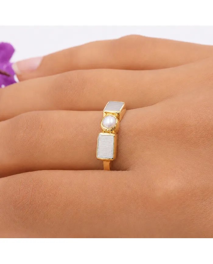 18K Gold Plated Meteorite and Pearl Ring | 925 Silver Handmade Jewelry