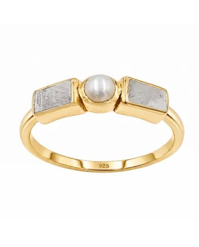 18K Gold Plated Meteorite and Pearl Ring | 925 Silver Handmade Jewelry