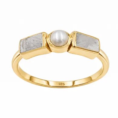 18K Gold Plated Meteorite and Pearl Ring | 925 Silver Handmade Jewelry