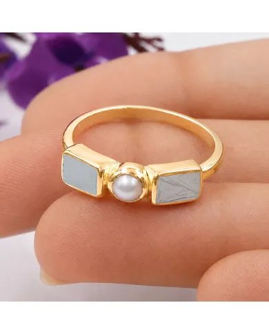 18K Gold Plated Meteorite and Pearl Ring | 925 Silver Handmade Jewelry