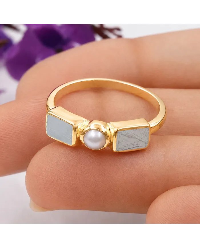 18K Gold Plated Meteorite and Pearl Ring | 925 Silver Handmade Jewelry
