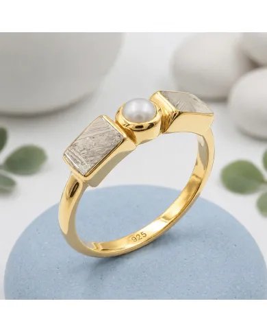 18K Gold Plated Meteorite and Pearl Ring | 925 Silver Handmade Jewelry