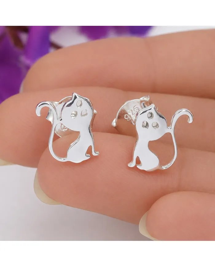 925 Sterling Silver Cat Stud Earrings Handmade Kitten Gift for Her
