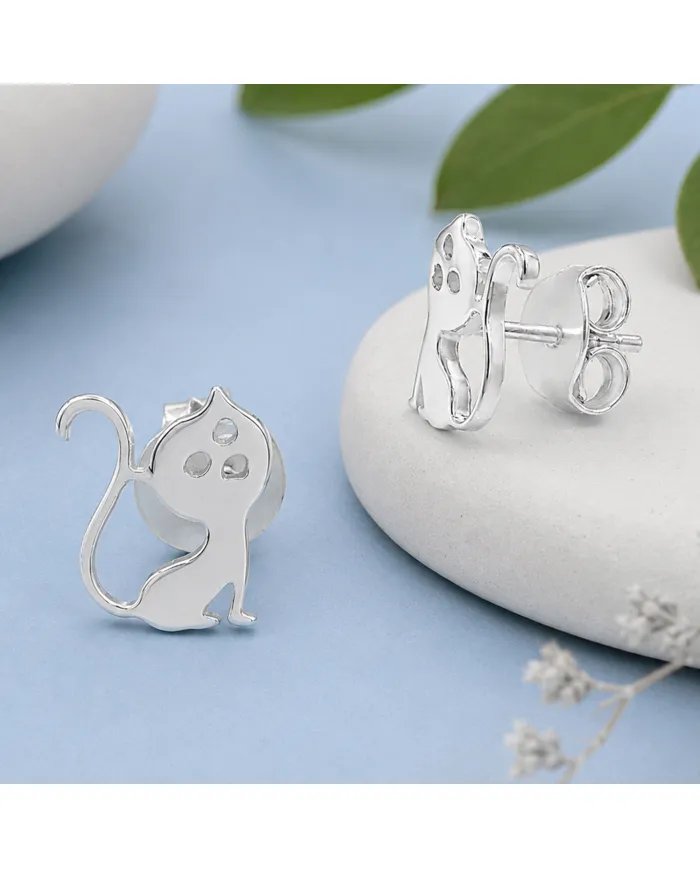 925 Sterling Silver Cat Stud Earrings Handmade Kitten Gift for Her