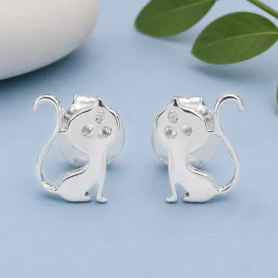 925 Sterling Silver Cat Stud Earrings Handmade Kitten Gift for Her