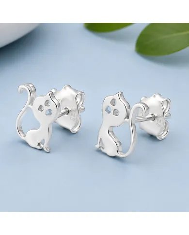 925 Sterling Silver Cat Stud Earrings Handmade Kitten Gift for Her