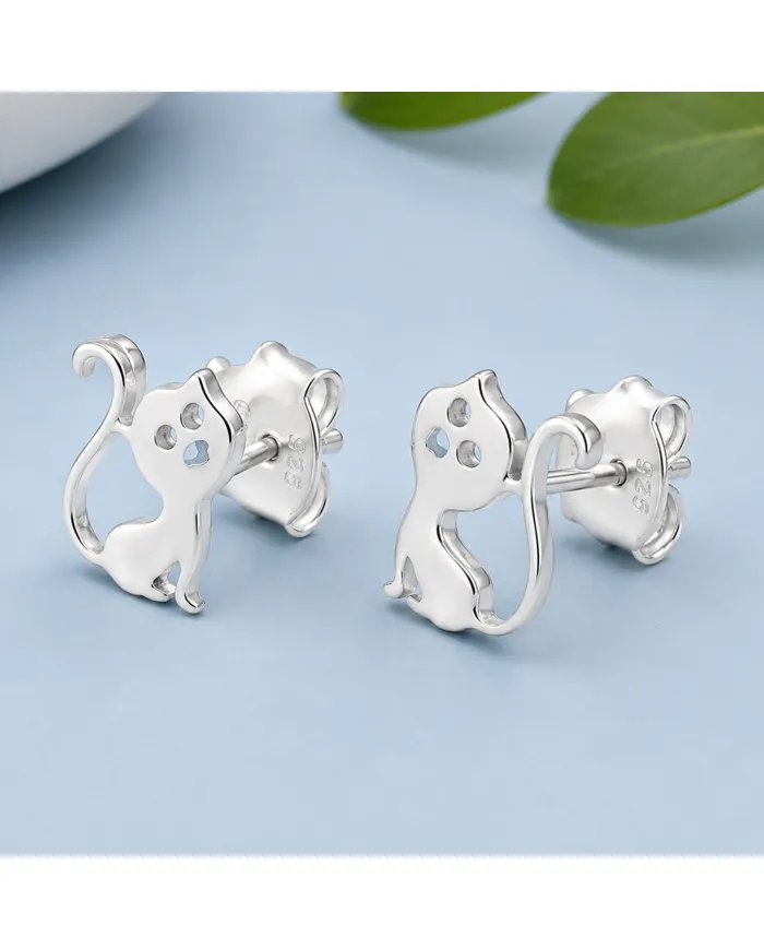 925 Sterling Silver Cat Stud Earrings Handmade Kitten Gift for Her