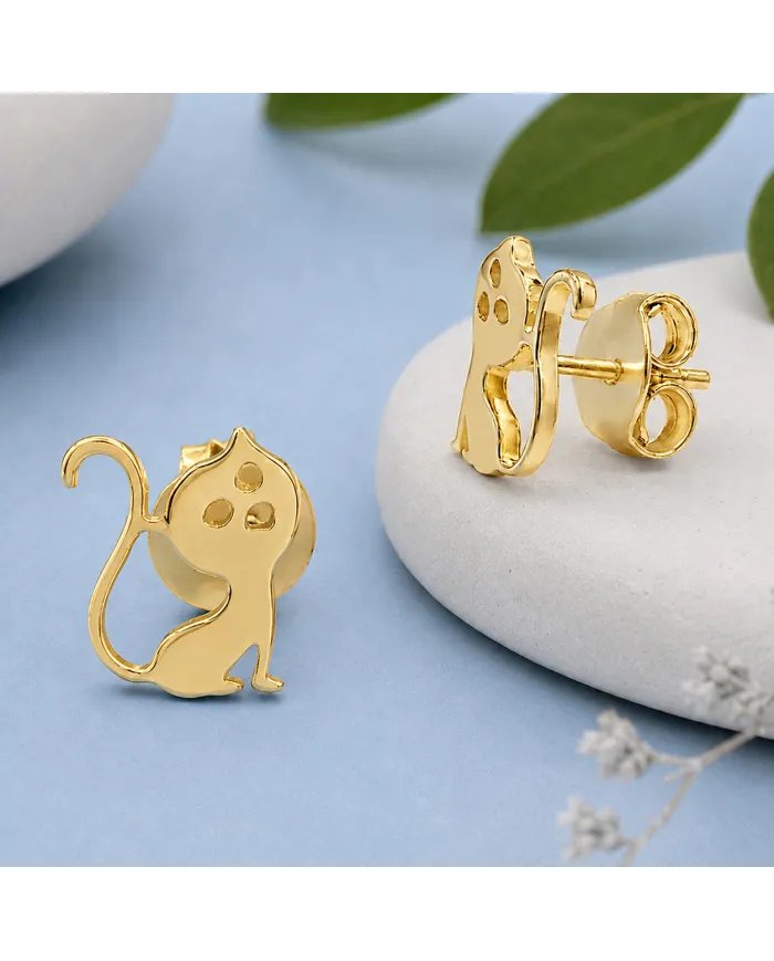 18K Gold Plated Cat Stud Earrings Handmade Sterling Silver Gift Her