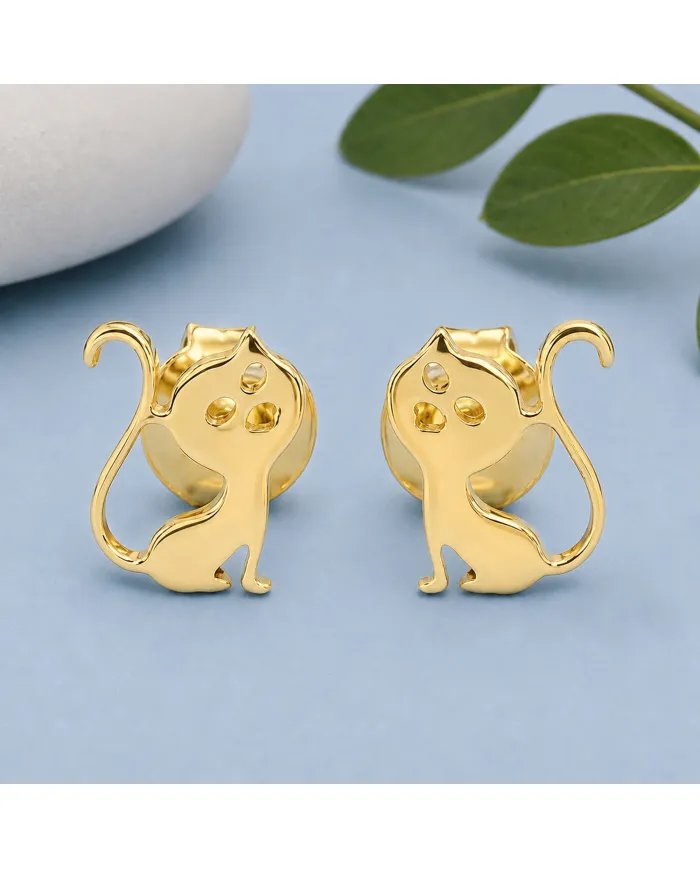 18K Gold Plated Cat Stud Earrings Handmade Sterling Silver Gift Her