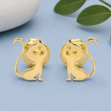 18K Gold Plated Cat Stud Earrings Handmade Sterling Silver Gift Her