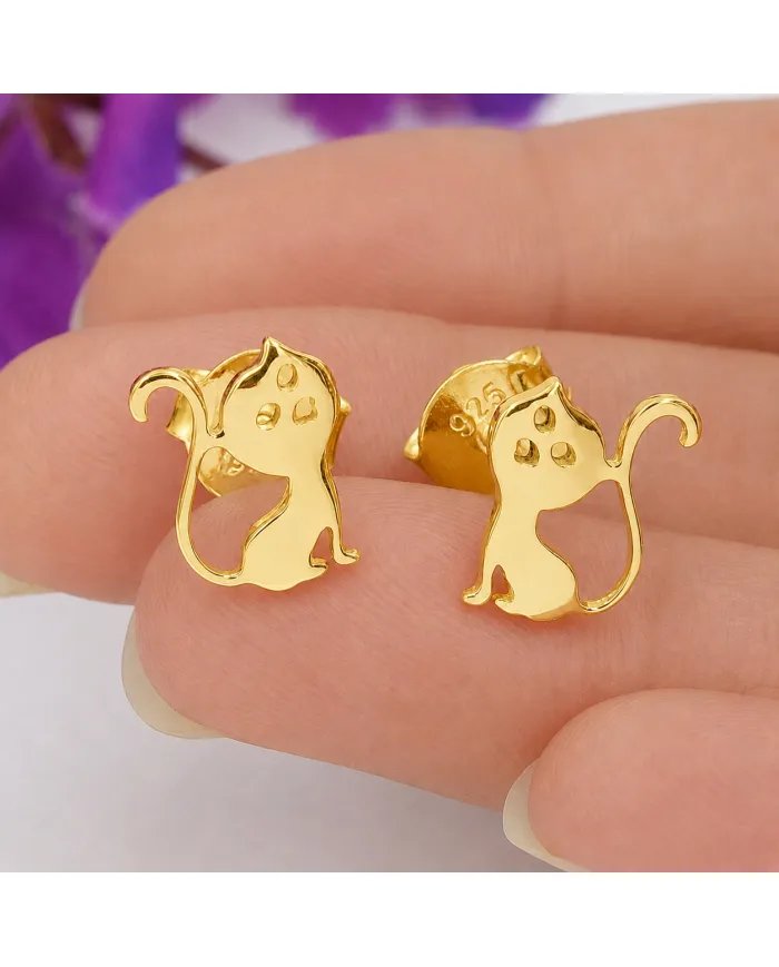 18K Gold Plated Cat Stud Earrings Handmade Sterling Silver Gift Her