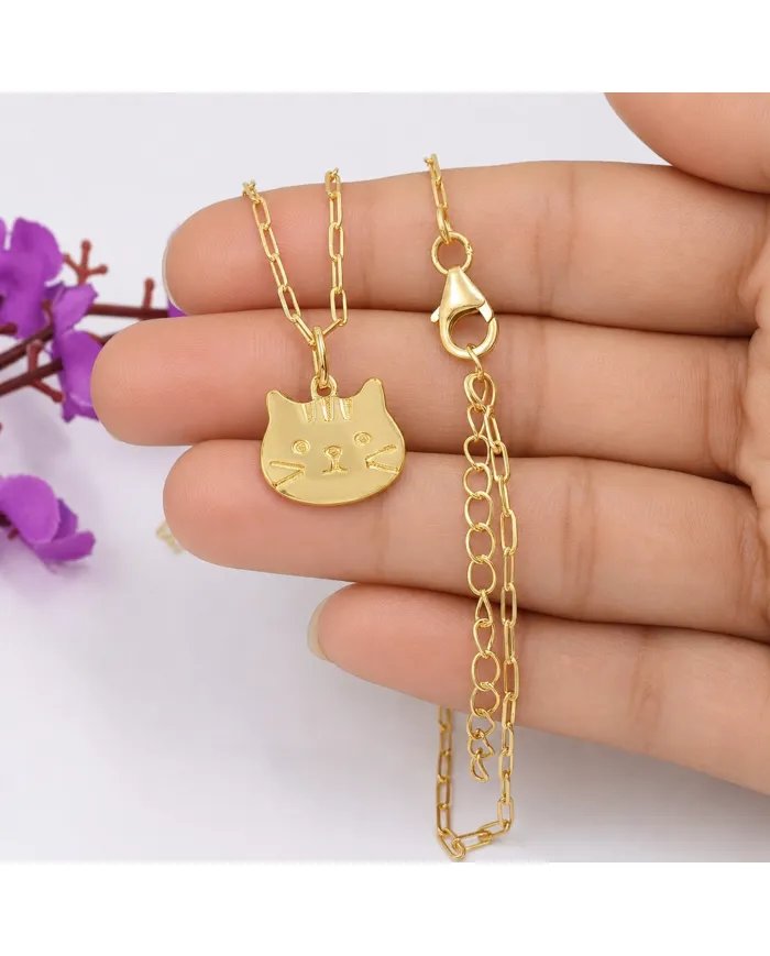 Tabby Cat Pendant Necklace 18K Gold Plated Sterling Silver Gift for Her
