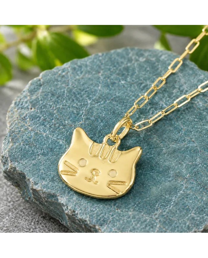 Tabby Cat Pendant Necklace 18K Gold Plated Sterling Silver Gift for Her