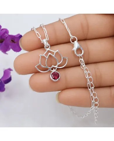 Ruby Lotus Pendant Necklace 925 Sterling Silver Round Gemstone